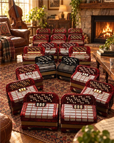 Hohner three-row button accordion, red